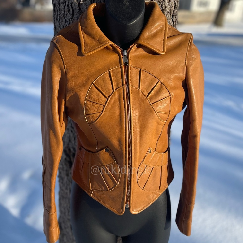 Vintage Handmade Leather Jacket 60s Hippie Boho Moto Biker Woodstock Tan XS